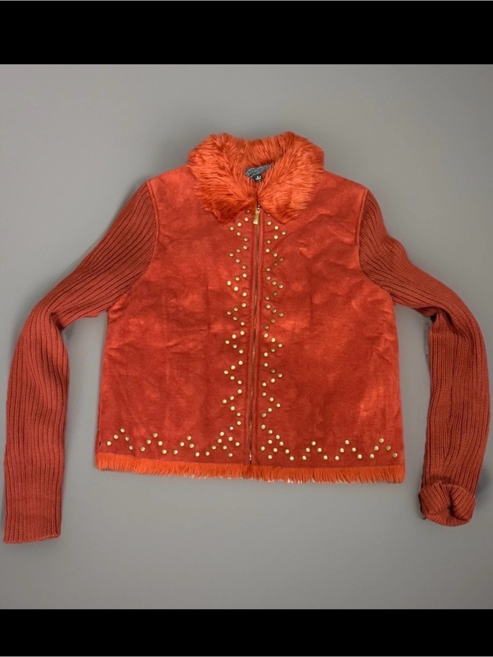 Y2K Boho Western Faux Suede Fur Trim Studded Jacket Small